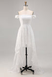 Bianco Off the Spalla Pizzo High-Low Boho Abito da sposa