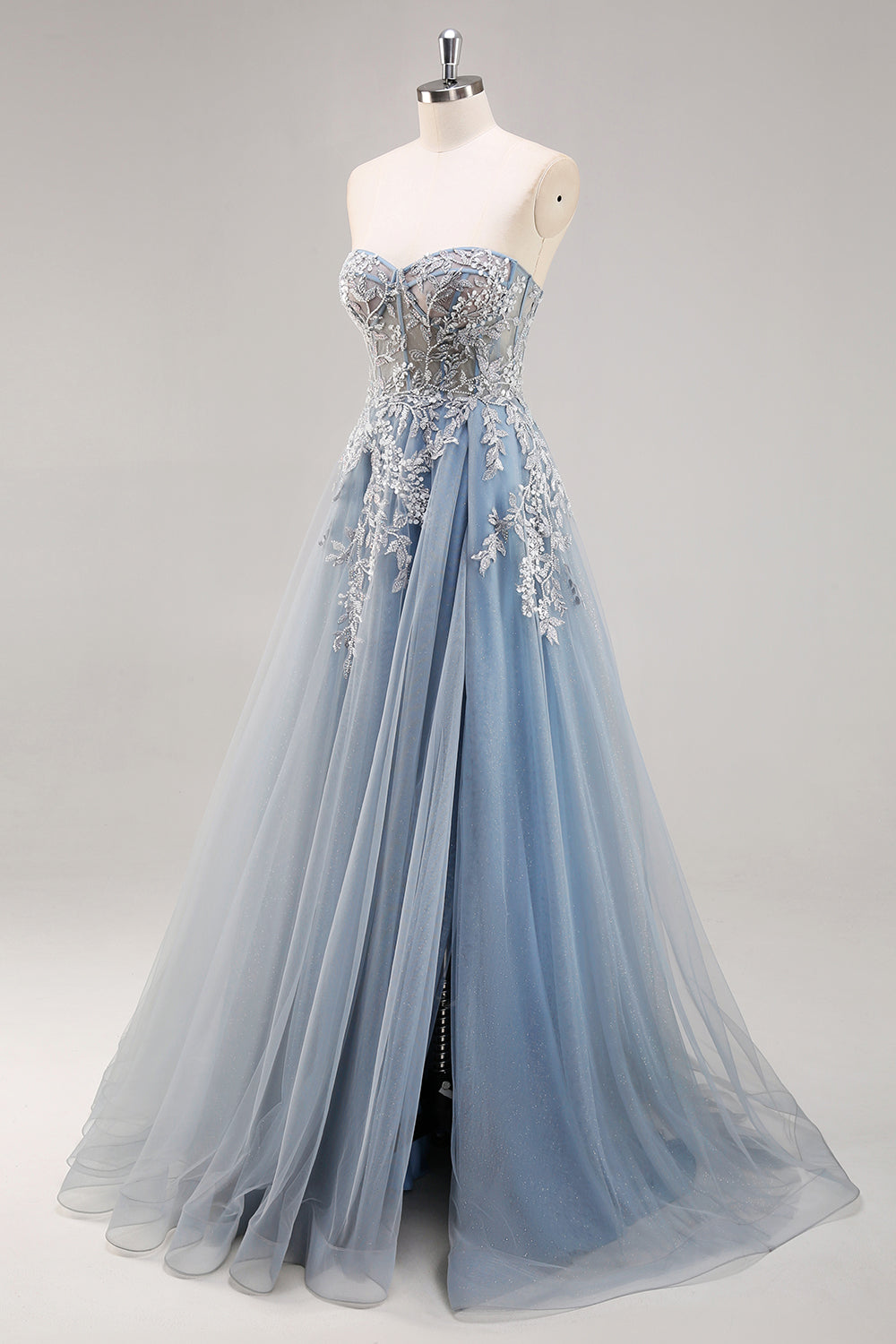 Dusty Blue A Line senza spalline corsetto puro in rilievo lungo Abito da Cerimonia con fessura
