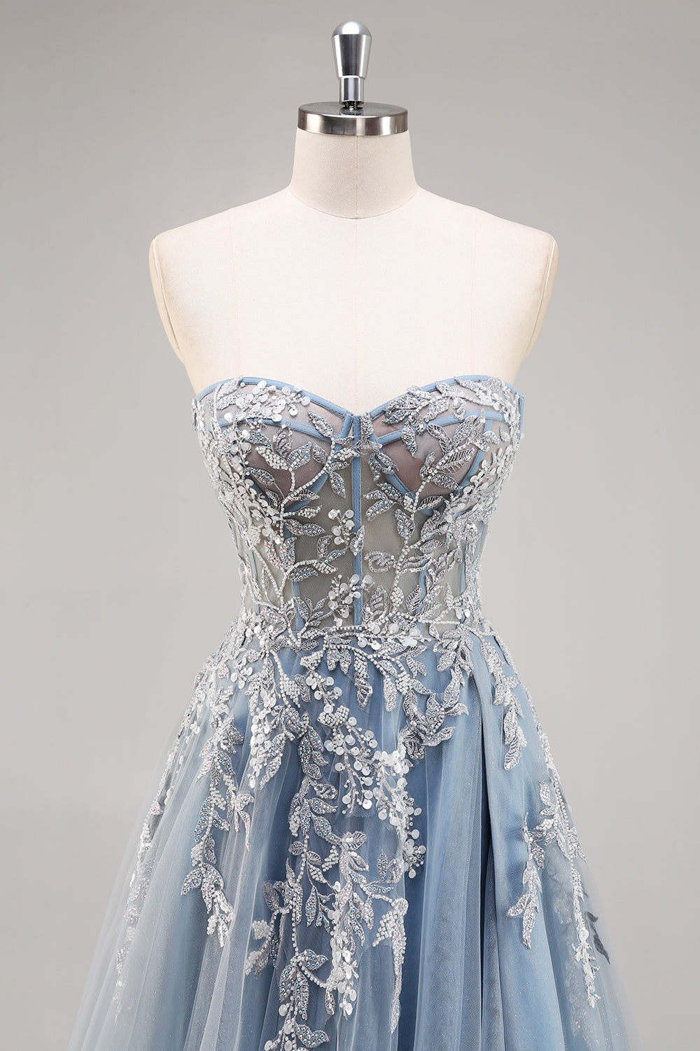 Dusty Blue A Line senza spalline corsetto puro in rilievo lungo Abito da Cerimonia con fessura