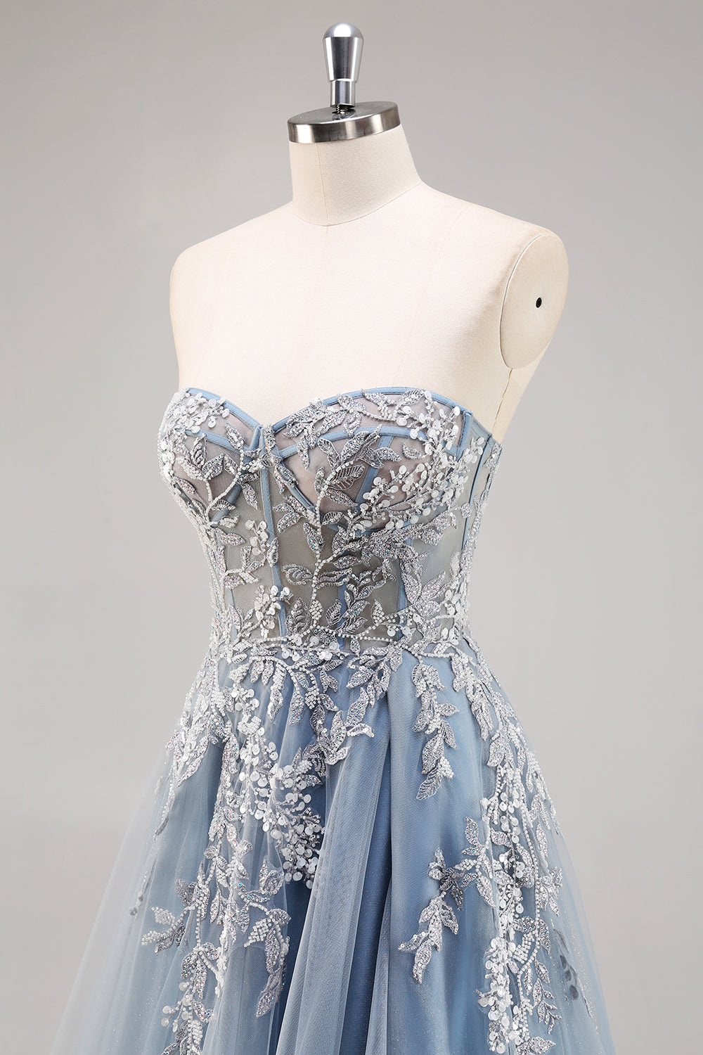 Dusty Blue A Line senza spalline corsetto puro in rilievo lungo Abito da Cerimonia con fessura