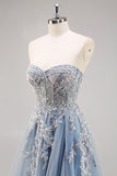 Dusty Blue A Line senza spalline corsetto puro in rilievo lungo Abito da Cerimonia con fessura