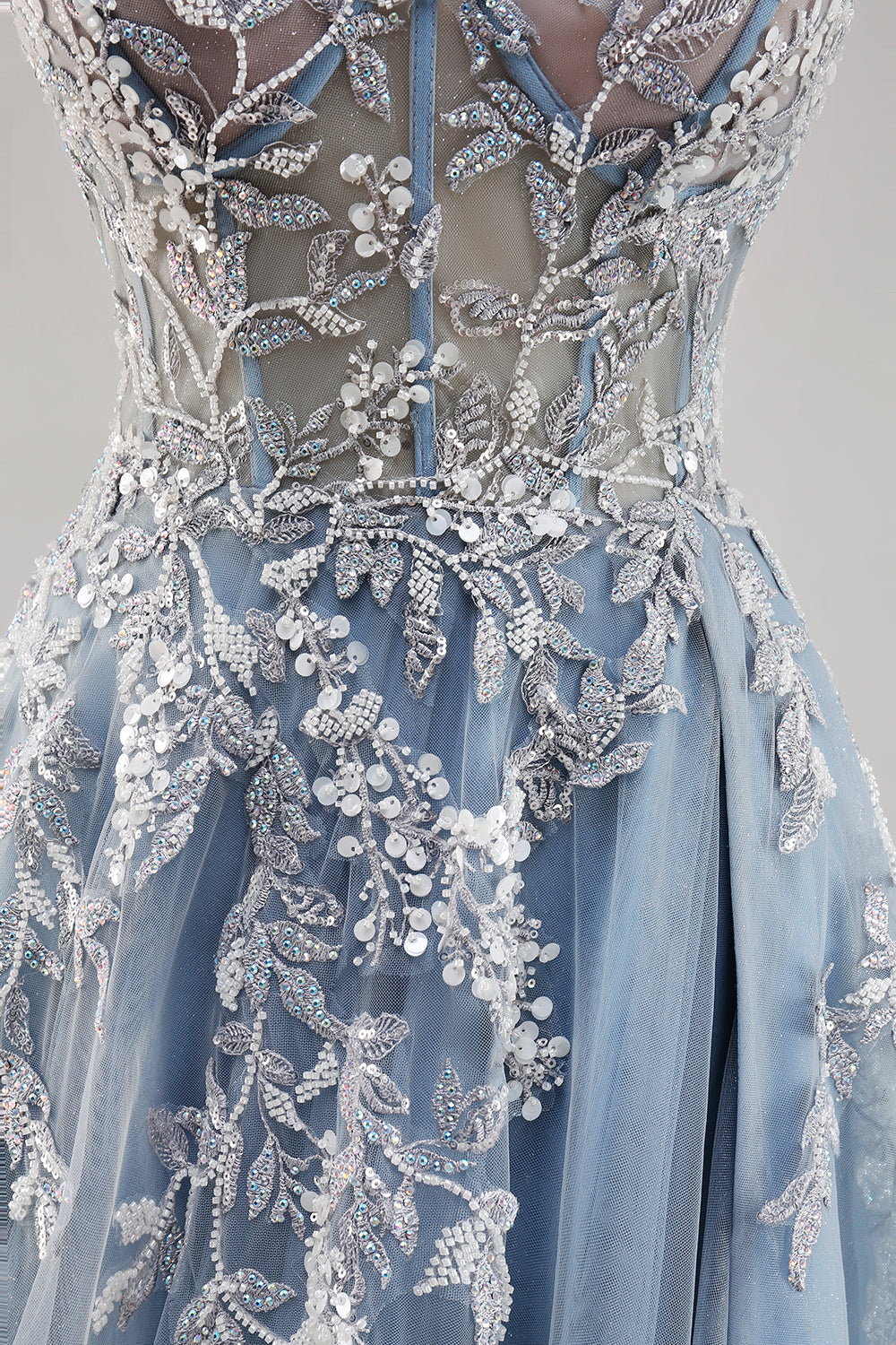 Dusty Blue A Line senza spalline corsetto puro in rilievo lungo Abito da Cerimonia con fessura