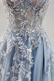 Dusty Blue A Line senza spalline corsetto puro in rilievo lungo Abito da Cerimonia con fessura