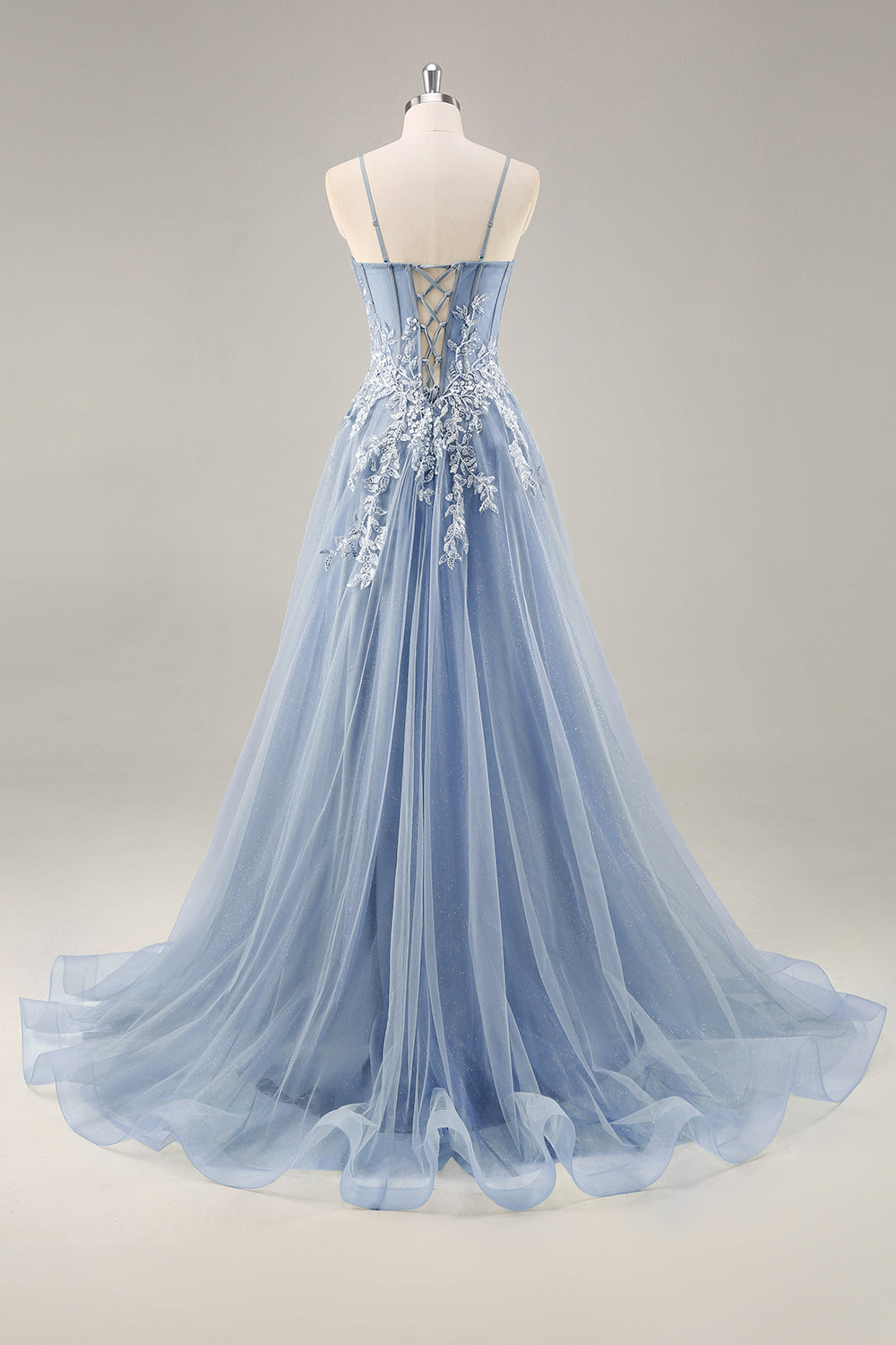 Dusty Blue A Line senza spalline corsetto puro in rilievo lungo Abito da Cerimonia con fessura
