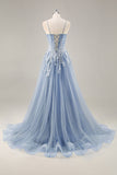Dusty Blue A Line senza spalline corsetto puro in rilievo lungo Abito da Cerimonia con fessura