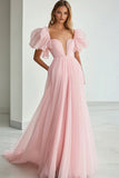 Rosa A Line Sweetheart arruffato abito lungo formale con maniche