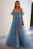 Grigio Blu A Line Tulle Abito Lungo Formale con Spacco