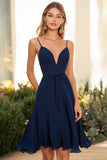Abito estivo in chiffon blu navy con scollo a V A Line
