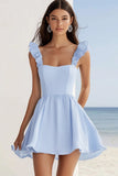Sky Blue A Line arruffato Chiffon Abito estivo