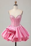 Rosa Bodycon Sweetheart Satin Corsetto Abito da Cocktail con strass