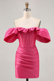 Raso Off The Shoulder Fucsia arruffato Tight Abiti Da Cocktail
