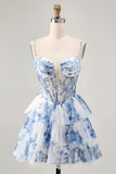 Bianco Blu Fiore Tiered Beaded A Line Stampato Abiti Da Cocktail
