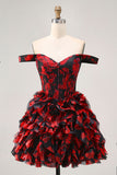 Off The Shoulder Beaded Nero Rosso A Line Ruffled Abiti Da Cocktail