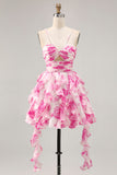 Bianco Fucsia Fiore Halter Tiered Stampato Abiti Da Cocktail