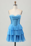 Blu Tiered Corsetto A Line senza spalline Abito corto Abito da Cocktail