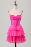 Fucsia corsetto senza spalline Tiered A Line Abito da cerimonia corto
