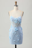 Blu Aderente Corsetto Paillettes Abito corto da Cocktail con fiori 3D