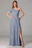 Dusty Blue A-Line una spalla abito da damigella d'onore con fessura