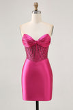 Scintillante Fucsia Corsetto Stretto Satin Abito da cocktail