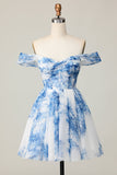 Bianco Blu Fiore Off The Shoulder A Line Abito da cocktail