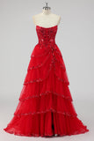 Lavanda una linea senza spalline paillettes corsetto Tiered Prom Dress con fessura