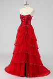 Lavanda una linea senza spalline paillettes corsetto Tiered Prom Dress con fessura