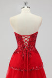 Lavanda una linea senza spalline paillettes corsetto Tiered Prom Dress con fessura