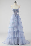 Lavanda una linea senza spalline paillettes corsetto Tiered Prom Dress con fessura