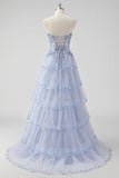 Lavanda una linea senza spalline paillettes corsetto Tiered Prom Dress con fessura