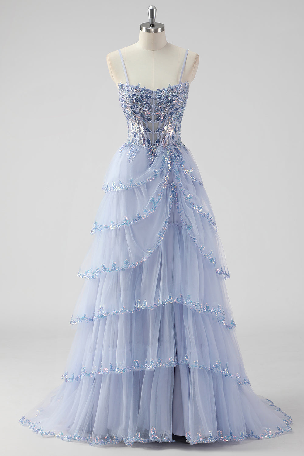 Lavanda una linea senza spalline paillettes corsetto Tiered Prom Dress con fessura