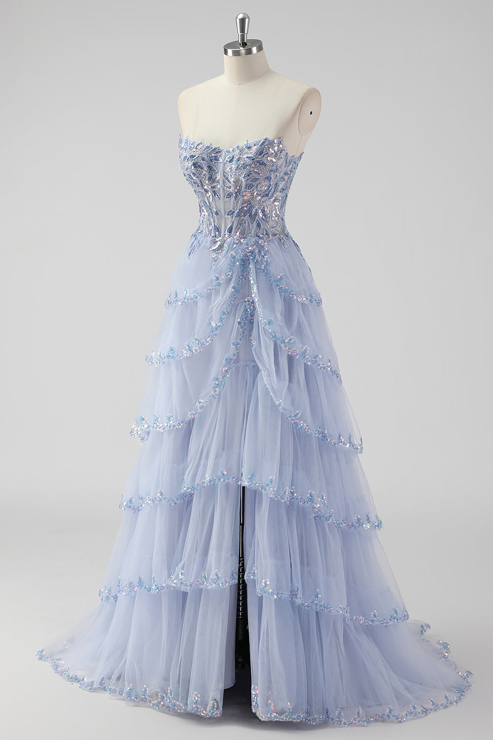 Lavanda una linea senza spalline paillettes corsetto Tiered Prom Dress con fessura