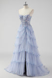 Lavanda una linea senza spalline paillettes corsetto Tiered Prom Dress con fessura