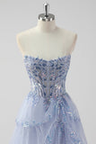 Lavanda una linea senza spalline paillettes corsetto Tiered Prom Dress con fessura