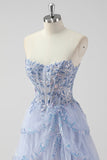 Lavanda una linea senza spalline paillettes corsetto Tiered Prom Dress con fessura
