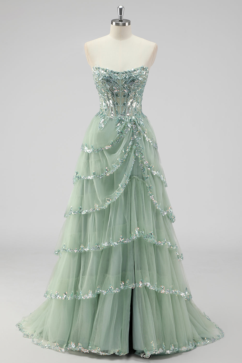 Lavanda una linea senza spalline paillettes corsetto Tiered Prom Dress con fessura