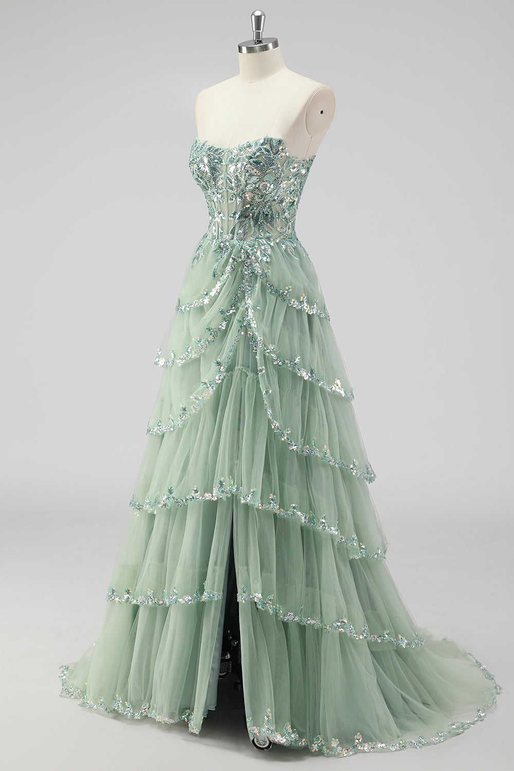 Lavanda una linea senza spalline paillettes corsetto Tiered Prom Dress con fessura