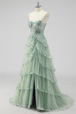 Lavanda una linea senza spalline paillettes corsetto Tiered Prom Dress con fessura