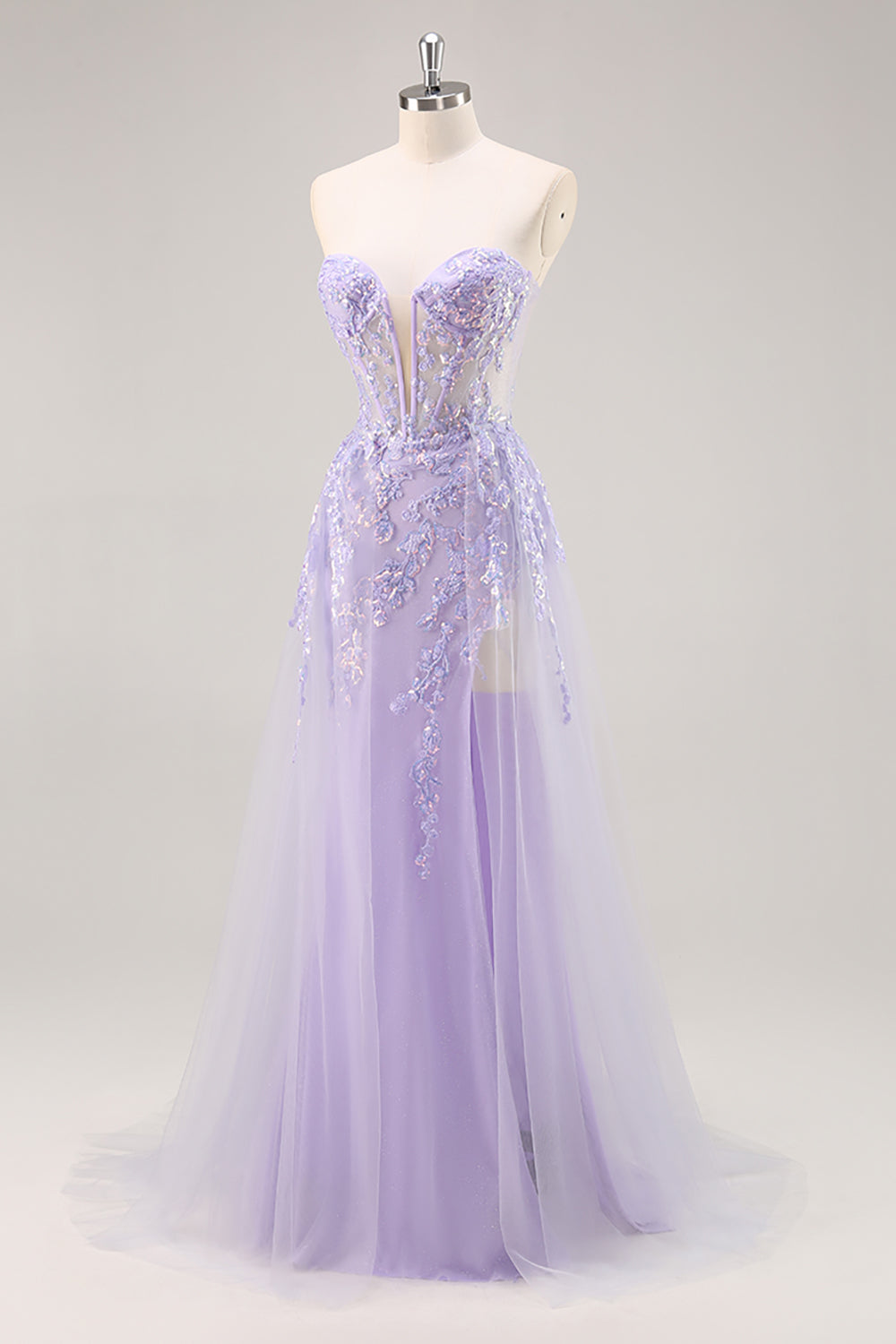 Lilla senza spalline corsetto Abito da Cerimonia con sovrapposizione staccabile