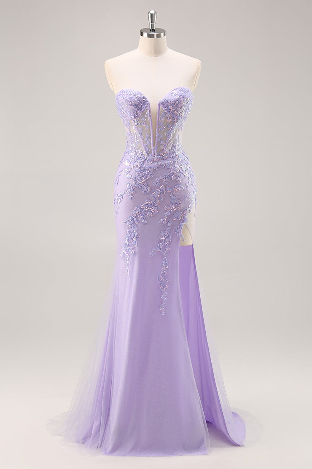 Lilla senza spalline corsetto Abito da Cerimonia con sovrapposizione staccabile