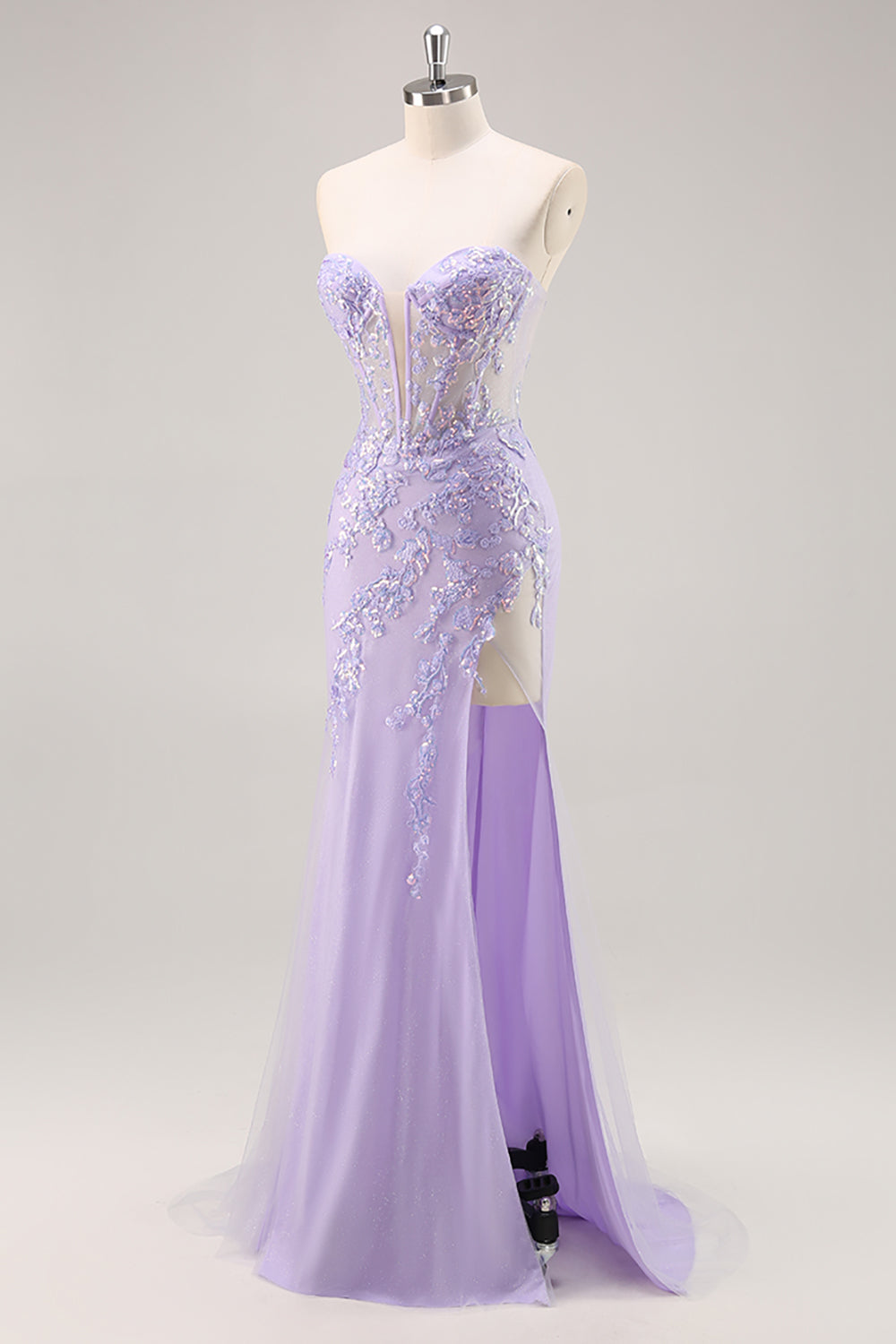 Lilla senza spalline corsetto Abito da Cerimonia con sovrapposizione staccabile