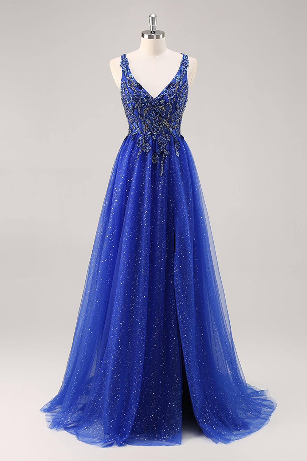 Glitter Royal Blue Beaded A Line Abito da cerimonia lungo con fessura