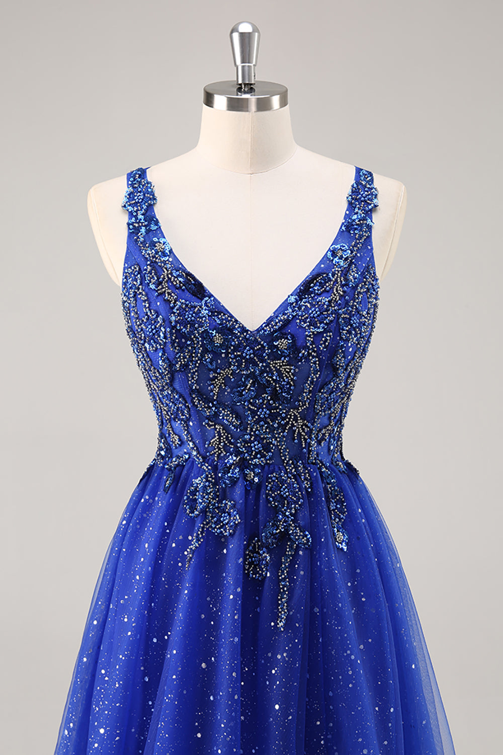 Glitter Royal Blue Beaded A Line Abito da cerimonia lungo con fessura