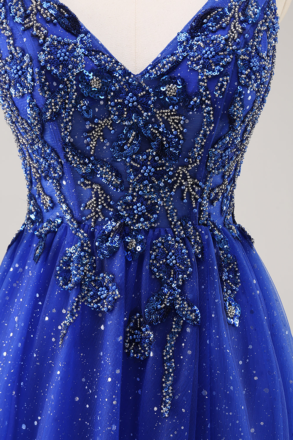 Glitter Royal Blue Beaded A Line Abito da cerimonia lungo con fessura