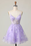 Abito da cocktail in tulle viola a trapezio con applique