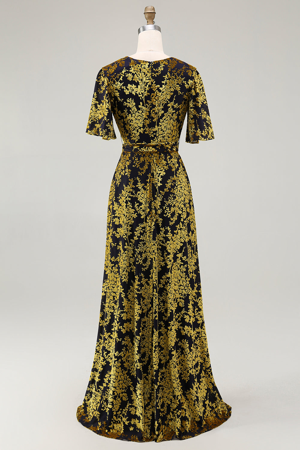 Abito lungo da ballo in velluto burnout verde scuro con maniche corte