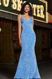 Sparkly blu Spaghetti Straps Abito da ballo a sirena lungo con paillettes