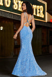 Sparkly blu Spaghetti Straps Abito da ballo a sirena lungo con paillettes