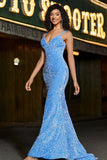 Sparkly blu Spaghetti Straps Abito da ballo a sirena lungo con paillettes