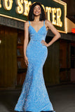 Sparkly blu Spaghetti Straps Abito da ballo a sirena lungo con paillettes