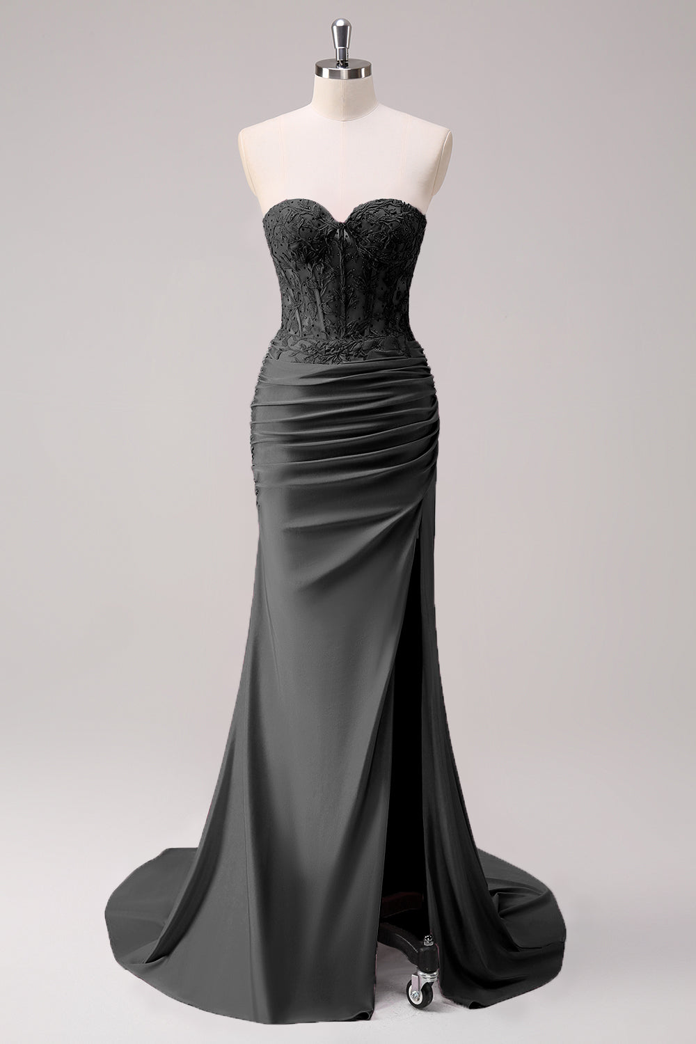 Sirena applique corsetto senza spalline lungo fucsia abito da cerimonia con fessura